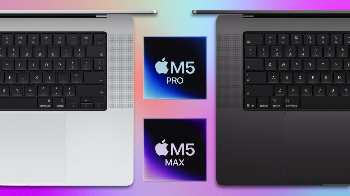 MacBook Pro com chips M5 Pro e M5 Max — comparação de cores Space Black e Silver